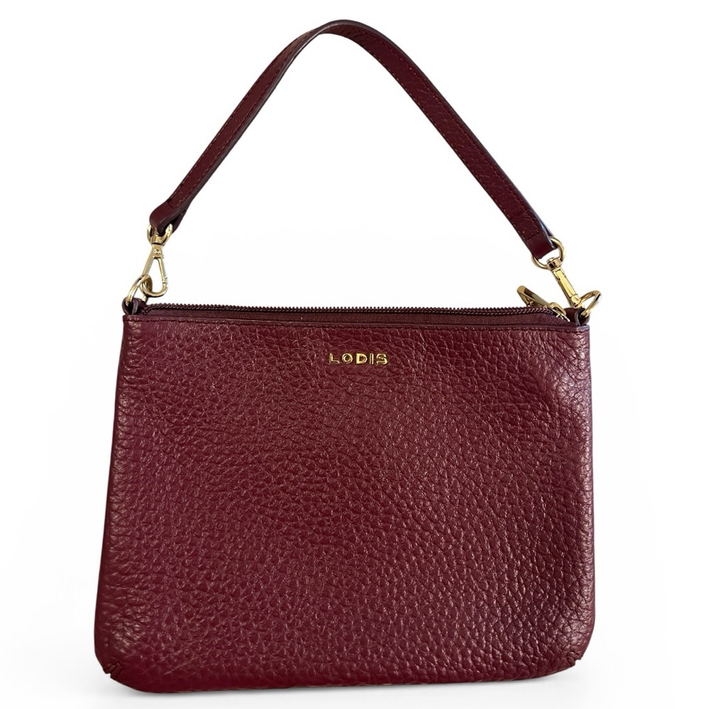 Lodis Wine Red Pebbled Leather Convertible Shoulder Bag Wristlet Gold Hardware